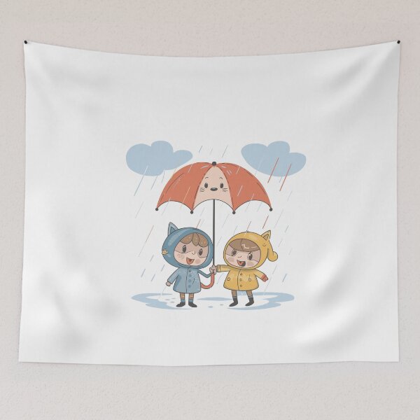 Item preview, Just Us: Cute Boy and Girl with Umbrella in Rain Illustration designed and sold by HahaHandlesHub.
