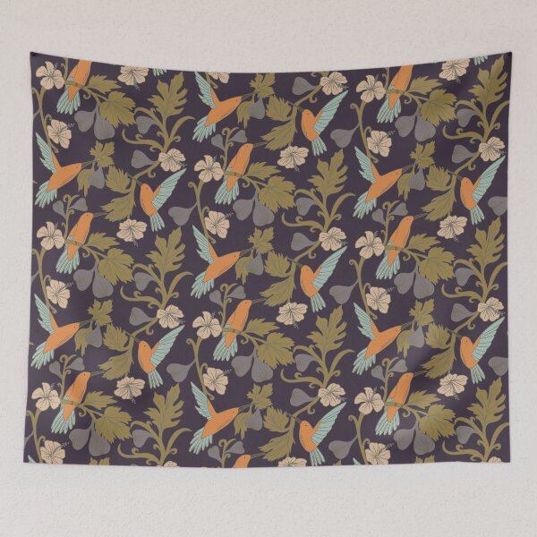 Item preview, Art noveau pattern with figs, hummingbirds, hibiscus florals designed and sold by TinyFlowerArt.