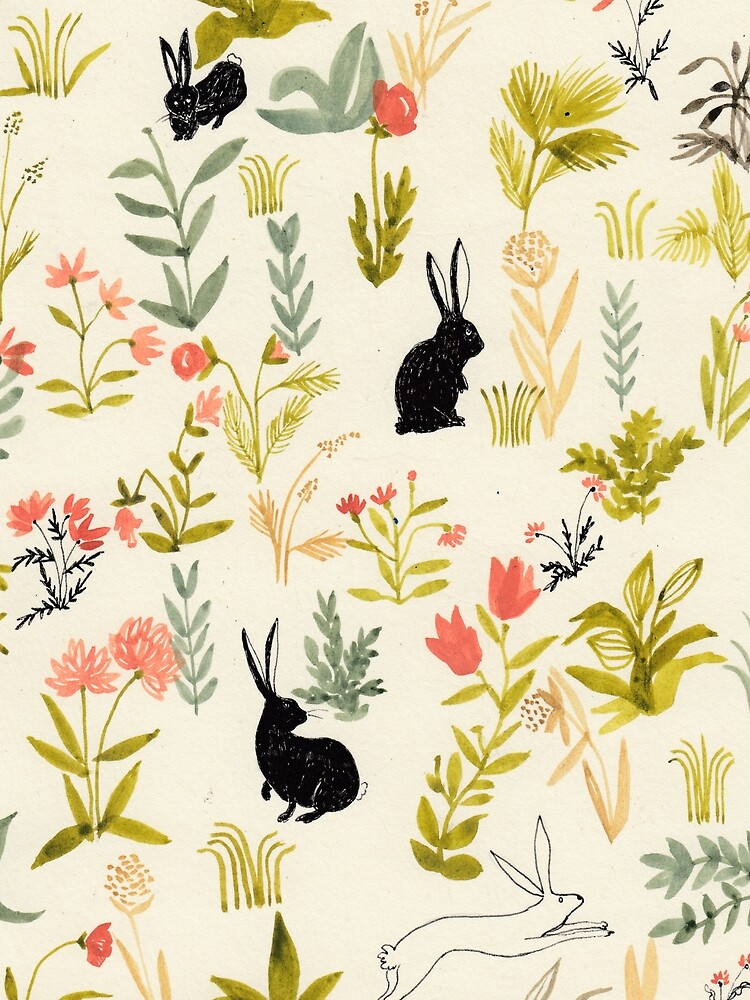 flowers pattern with little black rabbits by spoto