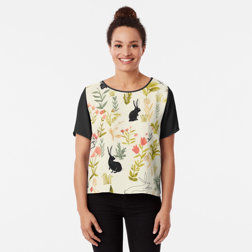 flowers pattern with little black rabbits Chiffon Top