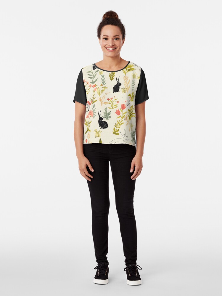 Alternate view of flowers pattern with little black rabbits Chiffon Top
