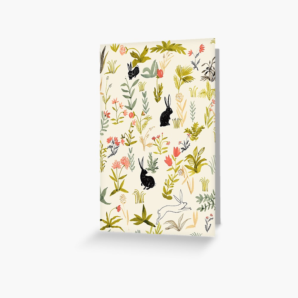 flowers pattern with little black rabbits Greeting Card