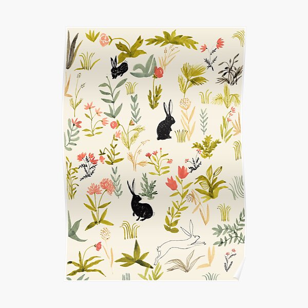 flowers pattern with little black rabbits Poster