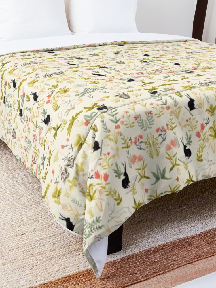 Alternate view of flowers pattern with little black rabbits Comforter