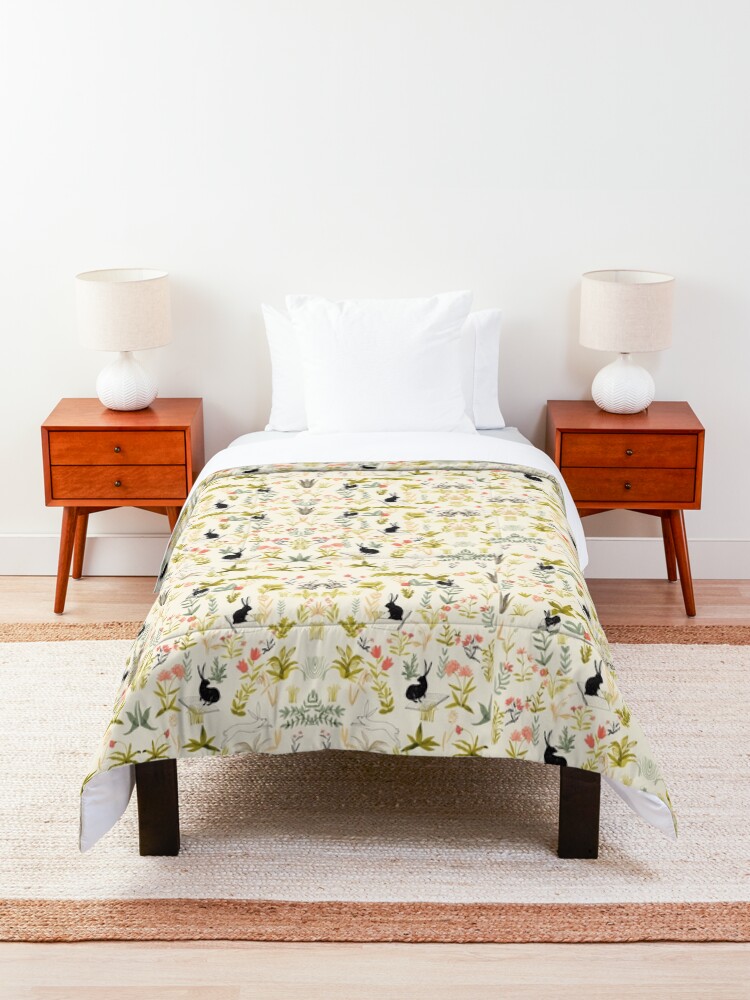 Alternate view of flowers pattern with little black rabbits Comforter