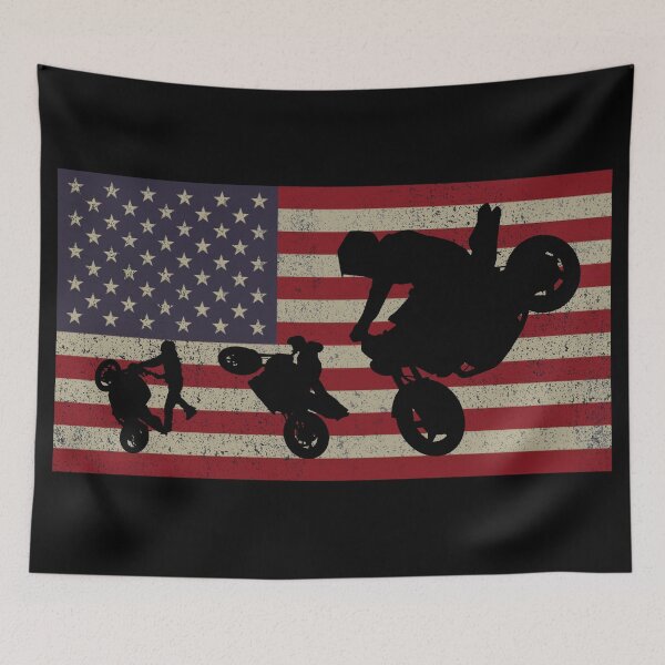 Item preview, Motorcycle Stunt Riding Freestyle Street Bike Vintage American USA Flag designed and sold by Maljonic.