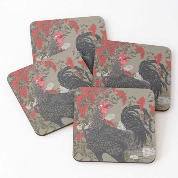 Item preview, Black rooster and nandin painting from Ito Jakuchu, edo period wall art designed and sold by EmeraldeaArt.