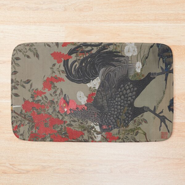 Item preview, Black rooster and nandin painting from Ito Jakuchu, edo period wall art designed and sold by EmeraldeaArt.