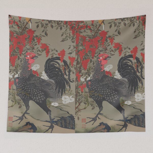 Item preview, Black rooster and nandin painting from Ito Jakuchu, edo period wall art designed and sold by EmeraldeaArt.