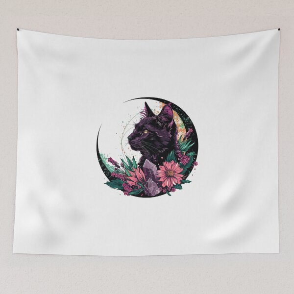 Item preview, Black Cat Crescent Moon Crystals Flowers Lilith designed and sold by VisionaryVortx.