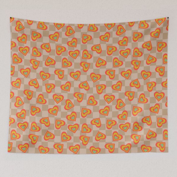 Item preview, LOVE HEARTS CHECKERBOARD Retro Alt Valentines in Coral Yellow Green on Cream Beige Geometric Grid - UnBlink Studio by Jackie Tahara designed and sold by Jackie Tahara of UnBlink Studio.