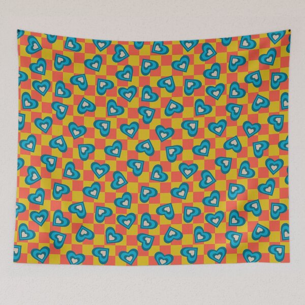 Item preview, LOVE HEARTS CHECKERBOARD Retro Alt Valentines in Teal Blue Cream on Orange Yellow Geometric Grid - UnBlink Studio by Jackie Tahara designed and sold by Jackie Tahara of UnBlink Studio.