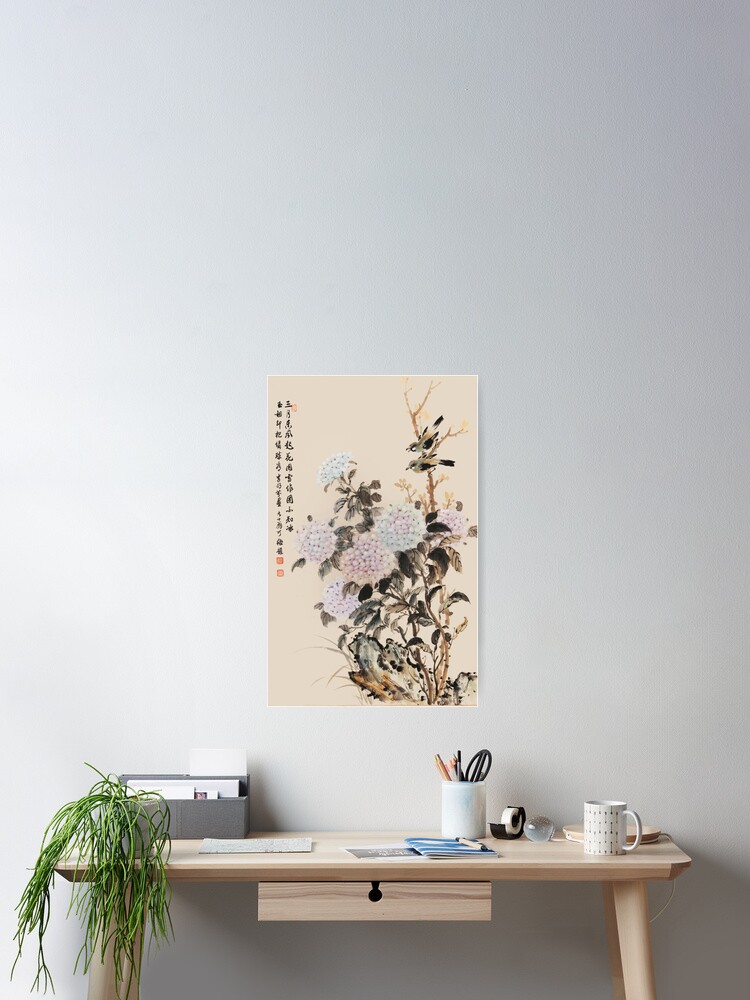 Thumbnail 2 of 3, Poster, Hydrangea and a Pair of Birds - Traditional Chinese Ink Painting & Calligraphy designed and sold by mingjan.