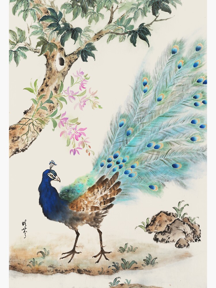 Thumbnail 3 of 3, Sticker, Peacock underneath Tree with Orchid - Traditional Chinese Ink Painting & Calligraphy designed and sold by mingjan.