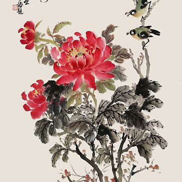 Artwork thumbnail, Birds perched on Peony - Traditional Chinese Ink Painting & Calligraphy by mingjan