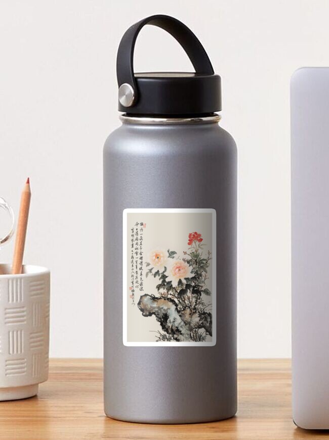 Thumbnail 1 of 3, Sticker, Peonies - Traditional Chinese Ink Painting & Calligraphy designed and sold by mingjan.