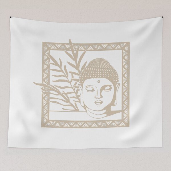 Aperçu de l'œuvre Buddha Head Statue with Palm Fronds - Snow + Dove créée et vendue par Irene Estelle.