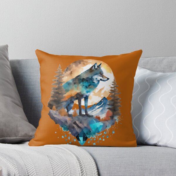 Item preview, Geometric Wolf with Mountains and Trees in Browns and Teals designed and sold by DappledMoon.