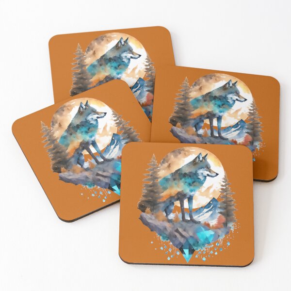 Item preview, Geometric Wolf with Mountains and Trees in Browns and Teals designed and sold by DappledMoon.