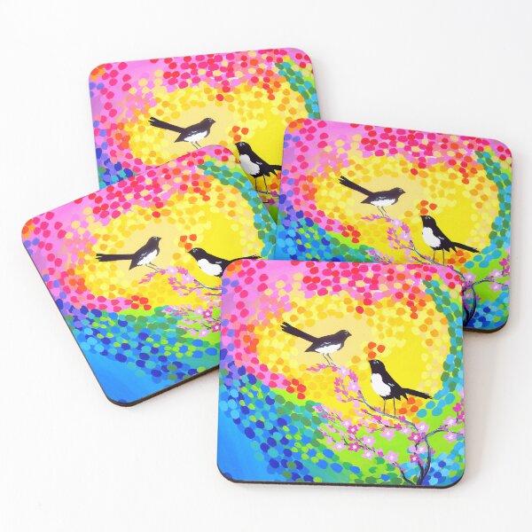 Item preview, rainbow print with willie wagtails and cherry blossoms designed and sold by CateJacobs.