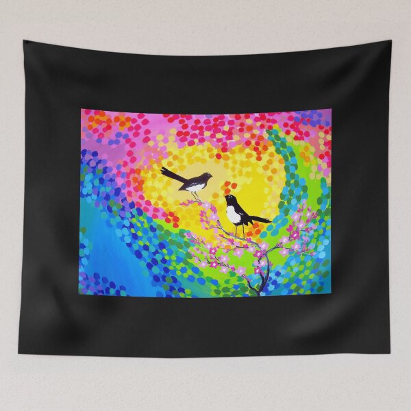 Item preview, rainbow print with willie wagtails and cherry blossoms designed and sold by CateJacobs.