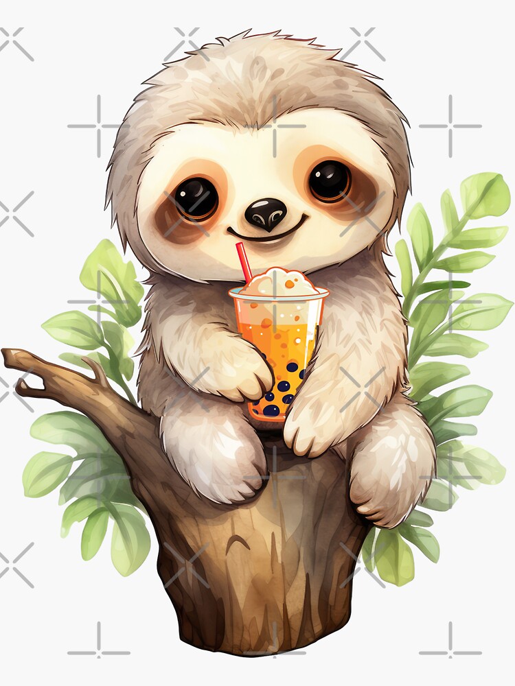 Watercolor Baby Sloth Drinking Boba Tea