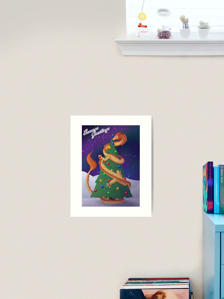 Thumbnail 2 of 3, Art Print, Tinsel Dragon (2023 Holiday Card) designed and sold by XantheDoodles.