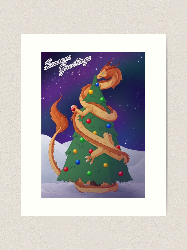 Thumbnail 1 of 3, Art Print, Tinsel Dragon (2023 Holiday Card) designed and sold by XantheDoodles.
