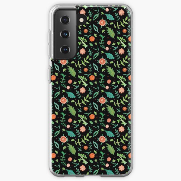 Black backdrop with flowers and leaves pattern Samsung Galaxy Soft Case