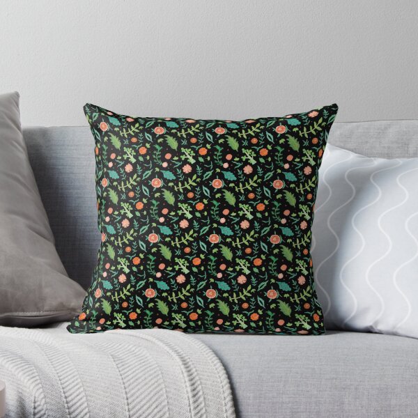 Black backdrop with flowers and leaves pattern Throw Pillow