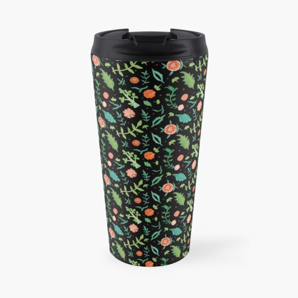 Black backdrop with flowers and leaves pattern Travel Mug