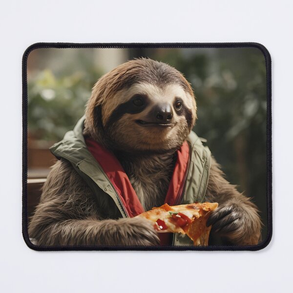 Item preview, A sloth in a vest eats a piece of pizza in the kitchen designed and sold by CreativeSparkzz.