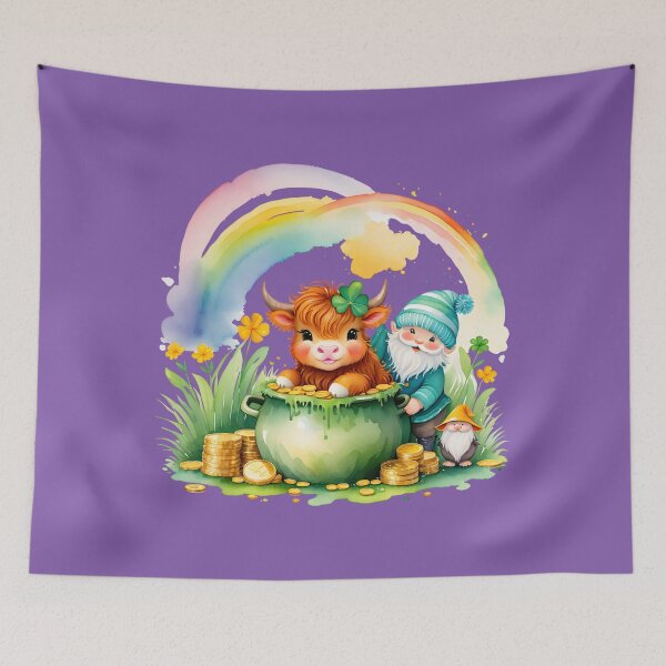 Item preview, Highland calf and gnomes with pot of gold and rainbow designed and sold by DesignsbyVelvet.