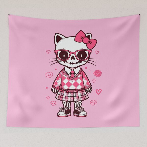 Item preview, Cat skeleton with glasses and school uniform, preppy skull, Pink skeleton of a cat designed and sold by Niktarka.