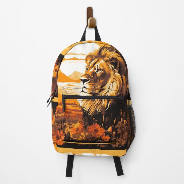 Aperçu de l'œuvre Roi Lion de la jungle, animal prédateur de chat sauvage dans un champ de fleurs au coucher du soleil créée et vendue par NBSStore.