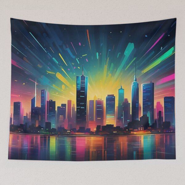 Item preview, Cosmic Vibrance: Neon Streaks Over Reflective Waterfront designed and sold by ArtComixHaven.