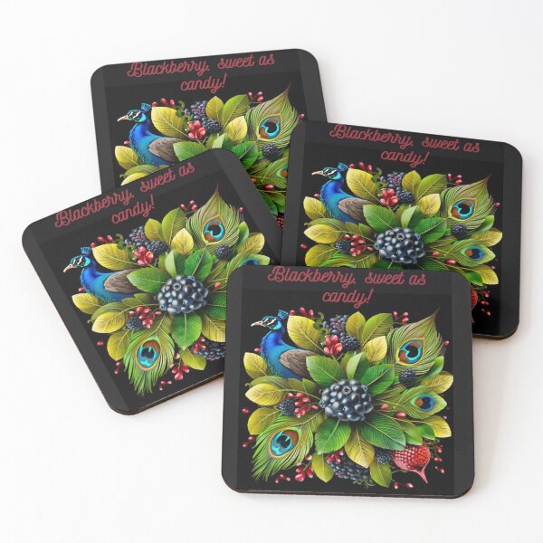 Item preview, Square pattern of green leaves, colorful fruits of the forest, with peacock feathers. designed and sold by Ewa Stęplewska.