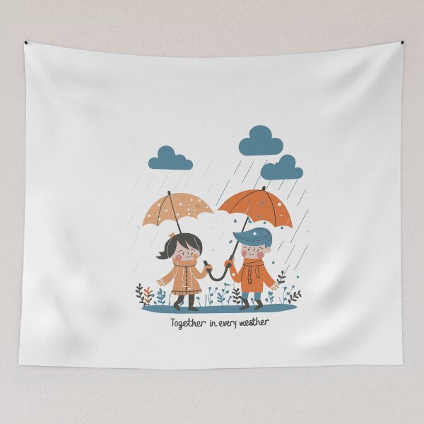 Item preview, Rainy Day Love: Together in Every Weather, Cute Character Design, Boy and Girl with Umbrella, Garden Scene designed and sold by HahaHandlesHub.