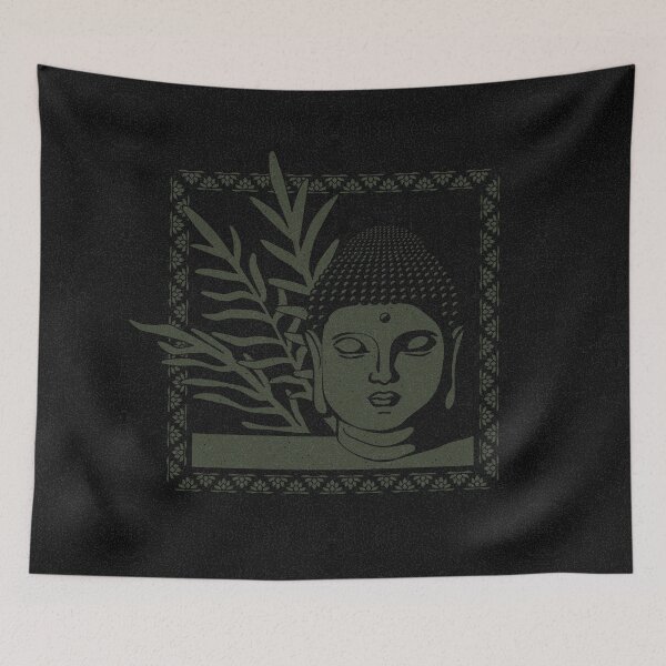 Aperçu de l'œuvre Buddha Head Statue with Palm Fronds - Coal + Pine créée et vendue par Irene Estelle.