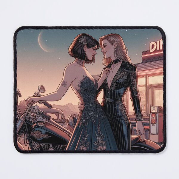 Item preview, Lesbian Couple on a Vintage Motorcycle Outside A Diner designed and sold by BoldandBiker.