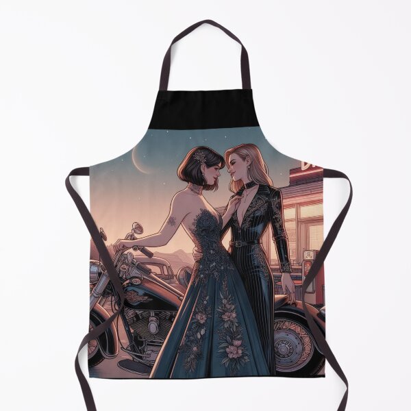 Item preview, Lesbian Couple on a Vintage Motorcycle Outside A Diner designed and sold by BoldandBiker.