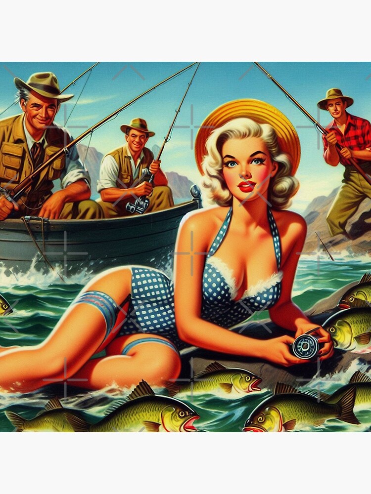Sexy Farm Girl Fishing Pinup Linen American Beauty Series AB6