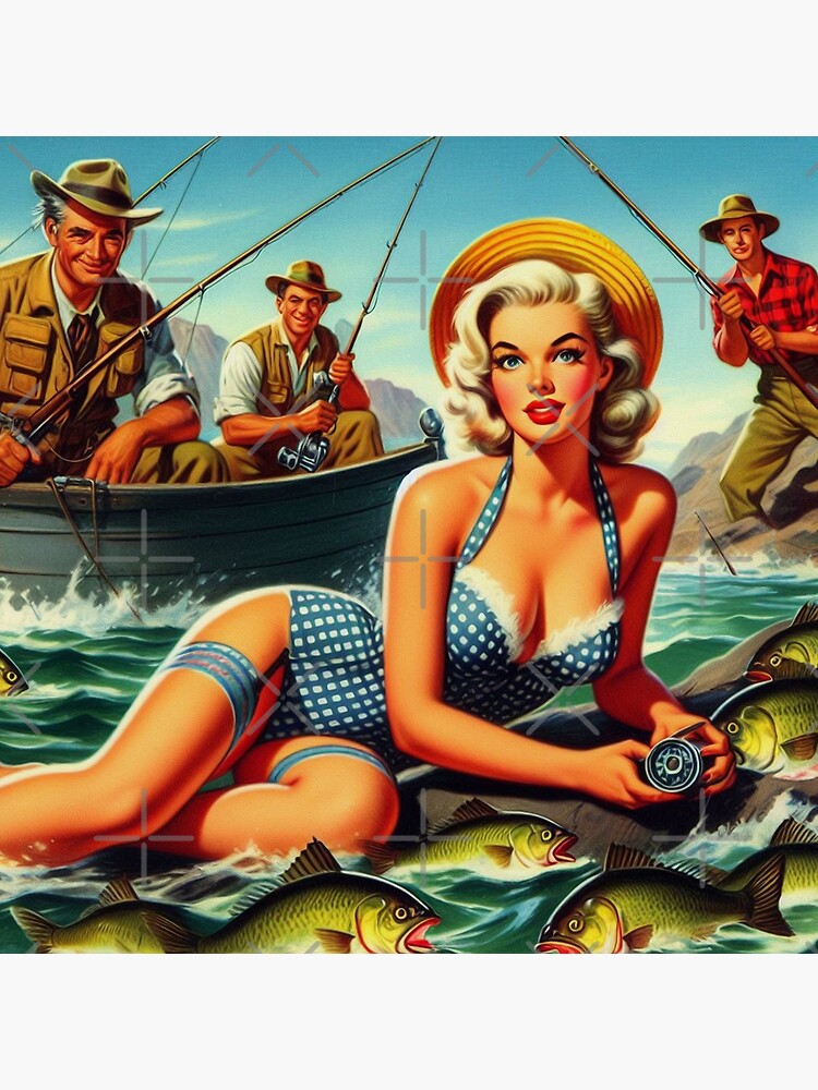 146523 COMIC Fisherman FISHING Lady Fish hook PIN-UP Vintage