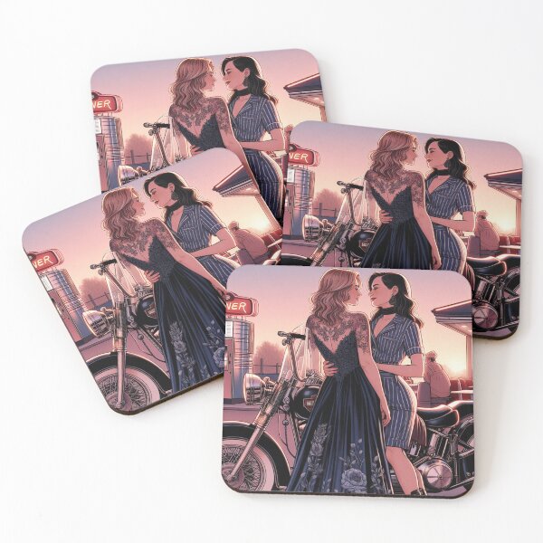 Item preview, Passionate Lesbian Couple on a Vintage Motorcycle Outside A Diner designed and sold by BoldandBiker.