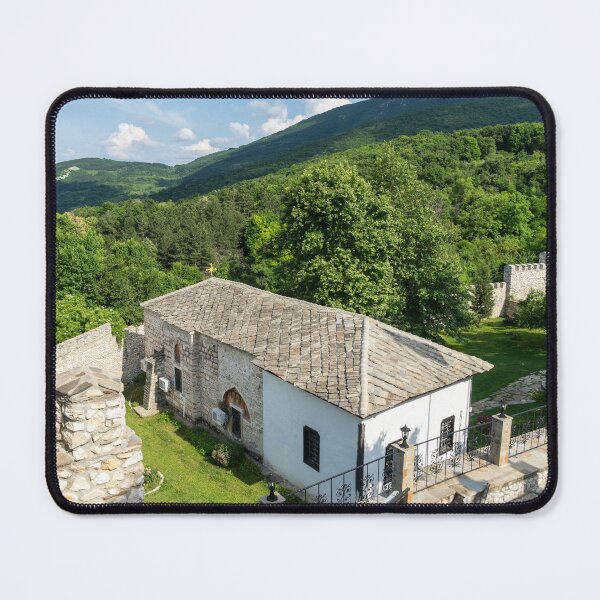 Item preview, Monastery Church Crenelated Walls and Rhodope Mountains Foothills Vista designed and sold by Georgia Mizuleva.
