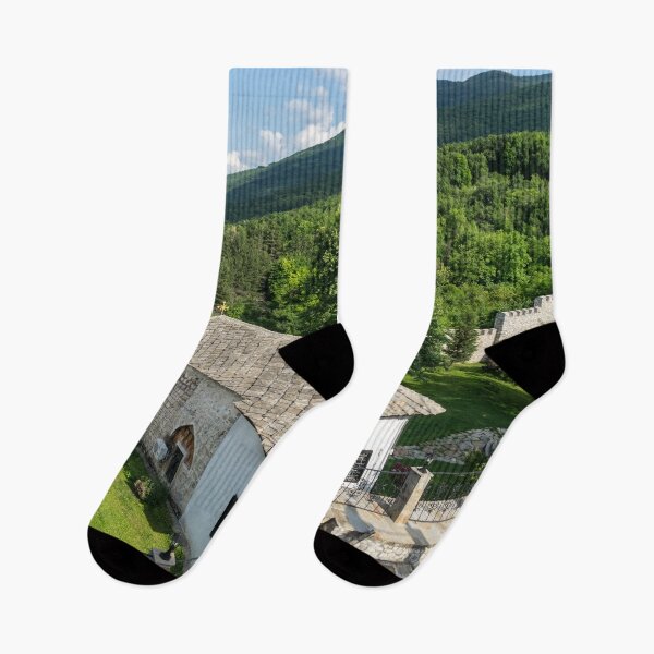 Item preview, Monastery Church Crenelated Walls and Rhodope Mountains Foothills Vista designed and sold by Georgia Mizuleva.