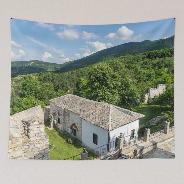 Item preview, Monastery Church Crenelated Walls and Rhodope Mountains Foothills Vista designed and sold by Georgia Mizuleva.