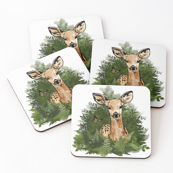 Item preview, Roe deer with butterfly and Ferns in the woods, watercolor designed and sold by Drawmecute.
