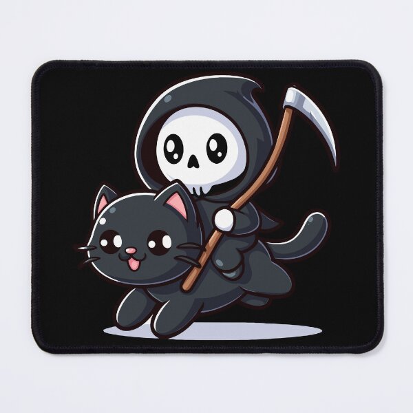 Item preview, Cute baby Grim Reaper Riding on Black Cat - Halloween Fantasy Art designed and sold by Kawaii-n-Spice.