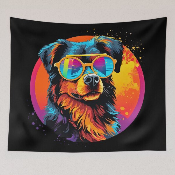 Item preview, Colorful vibrant illustration of a cool funny black and tan dog wearing sunglasses designed and sold by NBSStore.